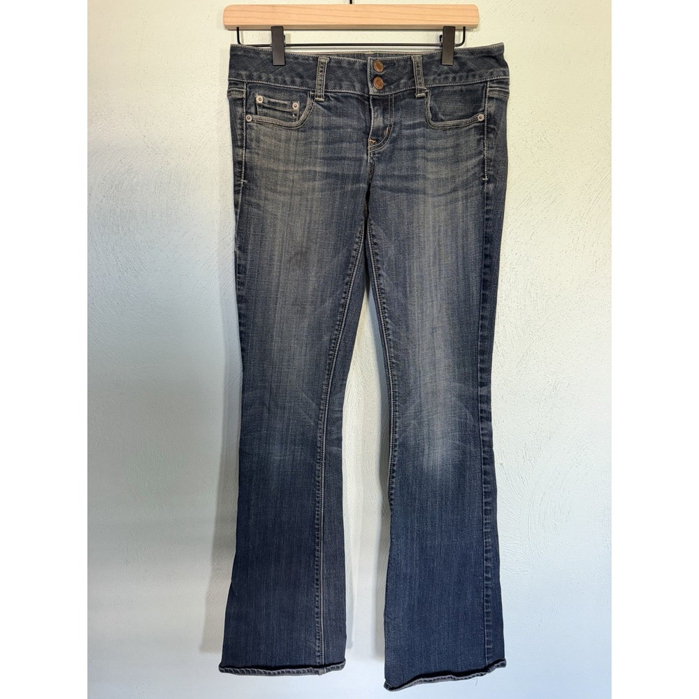 American Eagle Distressed Double-Button Flare Artist Jeans Blue 4 Long